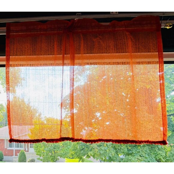 Vintage 70s cafe curtains, pumpkin orange, set of 2 panels and 1 valance - Picture 4 of 8